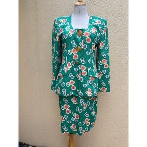 Rickie Freeman Teri jon Turquoise Cotton blend skirt suit jacquard floral